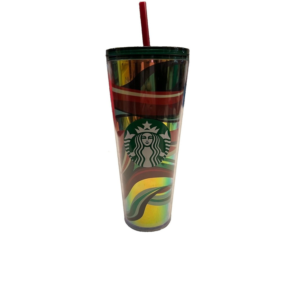 Starbucks Winter 2021 Holiday Multi Color Siren Logo Cold Cup 24 OZ  Pink Straw